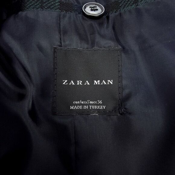 NEW Zara Tartan Plaid 2 Button Blazer Jacket with Elbow Patch Mens Small Green - Picture 3 of 12